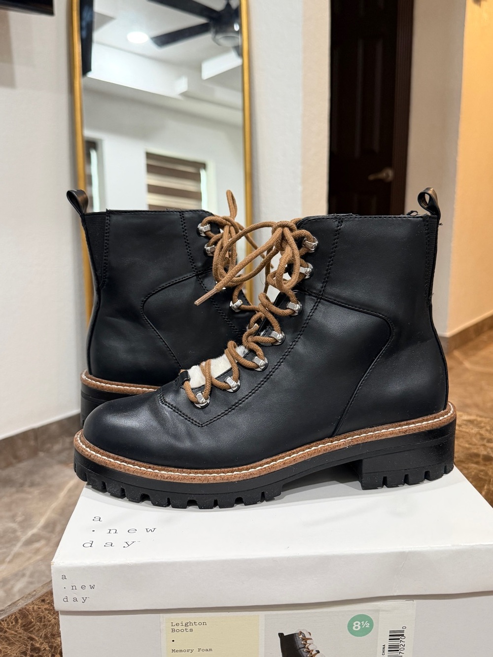 a new day Black Ankle Boots with Tan Laces